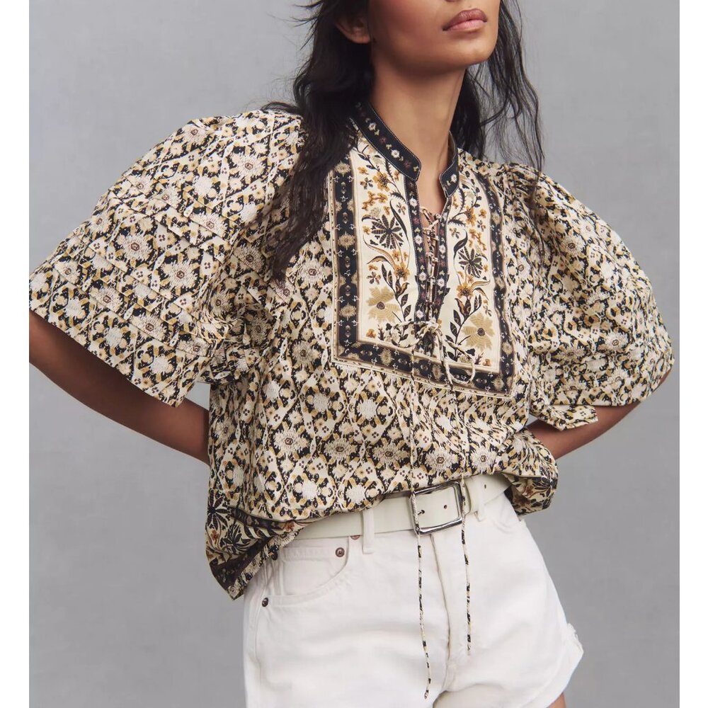 By Anthropologie Pleated Puff-Sleeve Peasant Blouse Black Motif Medium